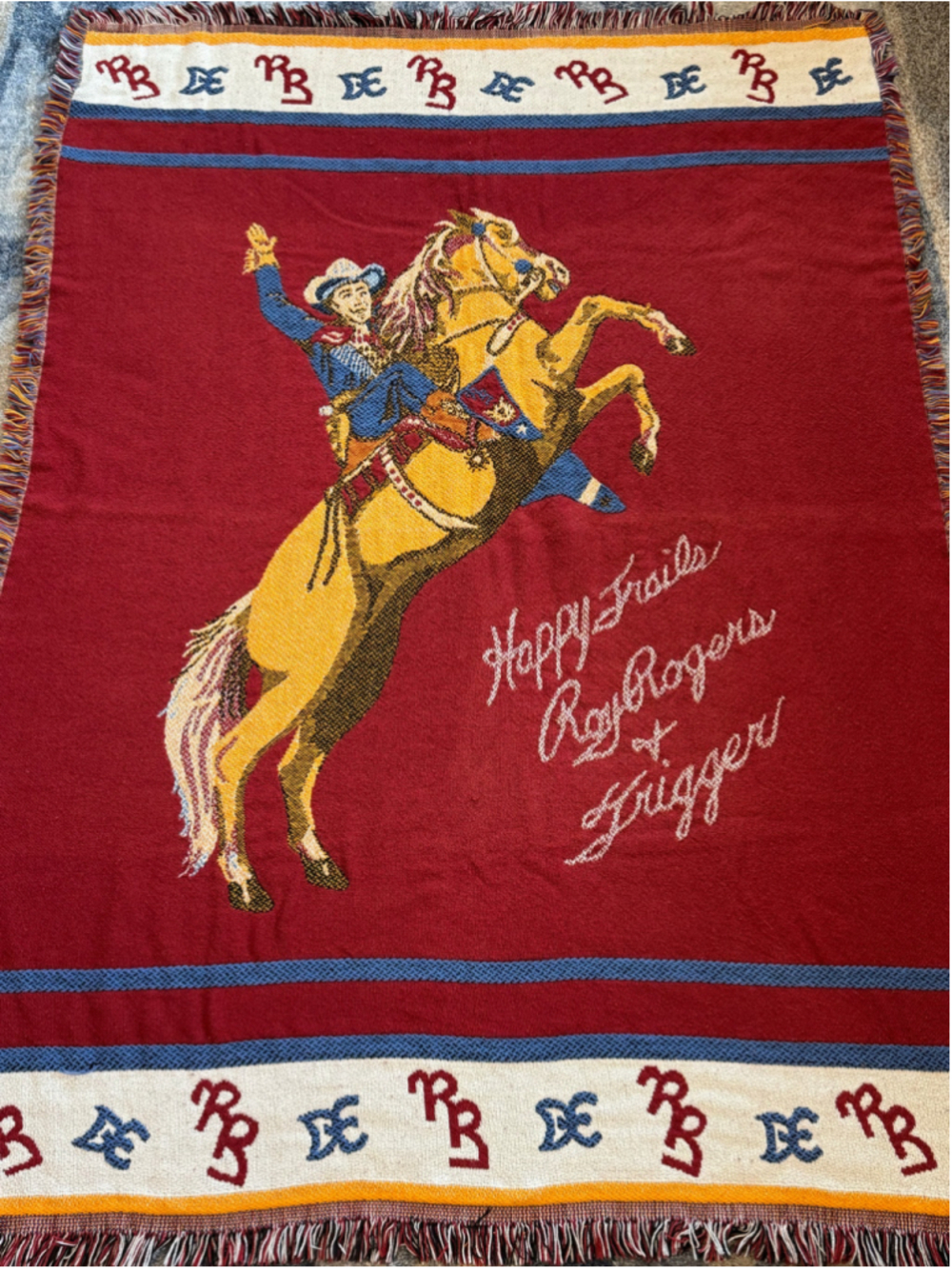 Vintage Roy Rogers & Trigger Happy Trails Throw 50x69” Red Blue